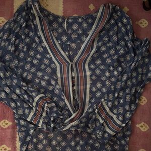 Free People Blue and Red Patterned Blouse